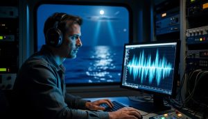 Marine bioacoustician wearing headphones in a dark control room with an abstract glowing audio waveform on a monitor, overlooking a moonlit ocean through a window.