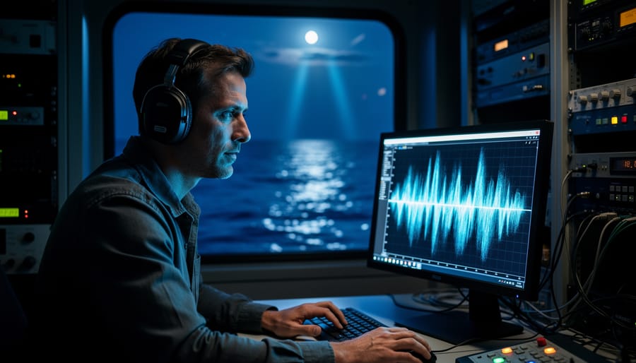 Marine bioacoustician wearing headphones in a dark control room with an abstract glowing audio waveform on a monitor, overlooking a moonlit ocean through a window.