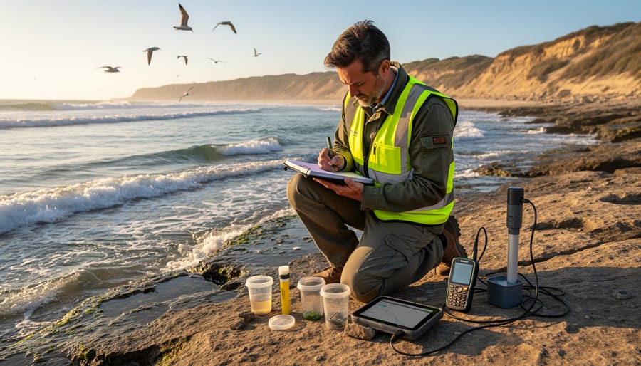 Volunteer on a rocky shoreline observing coastal waters during marine monitoring