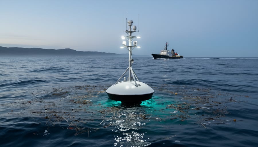 A sensor-equipped research buoy on the ocean surface at dusk, with a distant research vessel and floating debris suggesting advanced pollution detection monitoring.