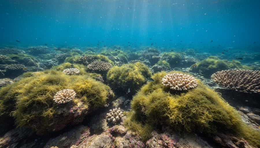 Underwater view of an algae-covered reef with some pale, stressed coral patches indicating disturbed balance.