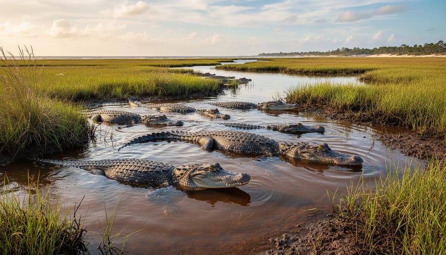 American alligator surfacing in a coastal wetland at dawn with cypress trees in the background