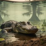 American alligator resting near the edge of a freshwater wetland with submerged vegetation and a soft muddy shoreline in the southeastern United States.