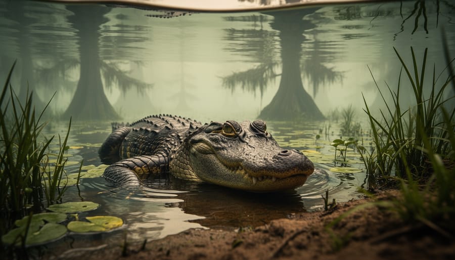 American alligator resting near the edge of a freshwater wetland with submerged vegetation and a soft muddy shoreline in the southeastern United States.