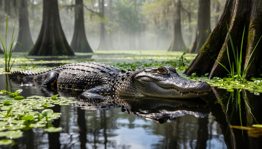 American alligator partially submerged in freshwater swamp water with cattails in the background