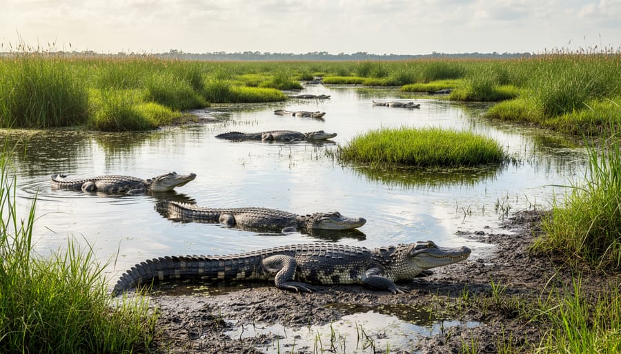 American alligator partially submerged in a marsh with cattails and rippling water