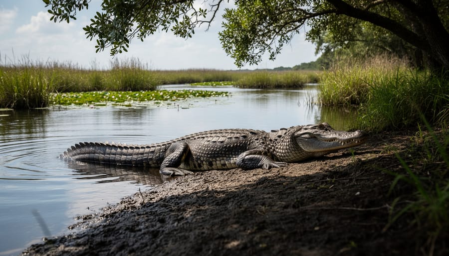 American alligator basking on a muddy riverbank near slow-moving water