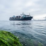 A cargo ship traveling along a rugged coastline with an out-of-focus shipyard in the distance, representing the link between maritime expansion and coastal marine ecosystems.