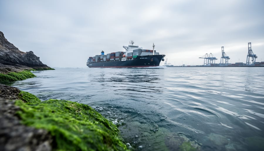 A cargo ship traveling along a rugged coastline with an out-of-focus shipyard in the distance, representing the link between maritime expansion and coastal marine ecosystems.