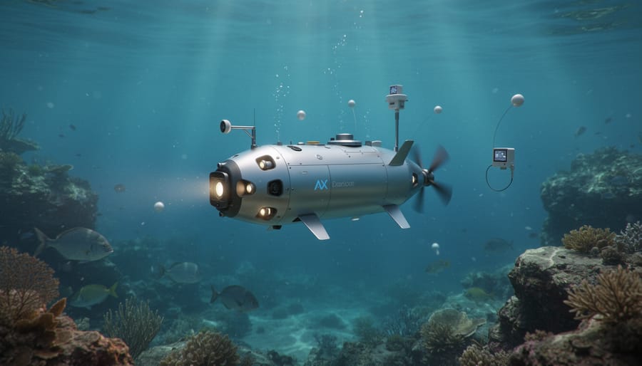 Autonomous underwater vehicle hovering above a sandy seabed under filtered ocean light