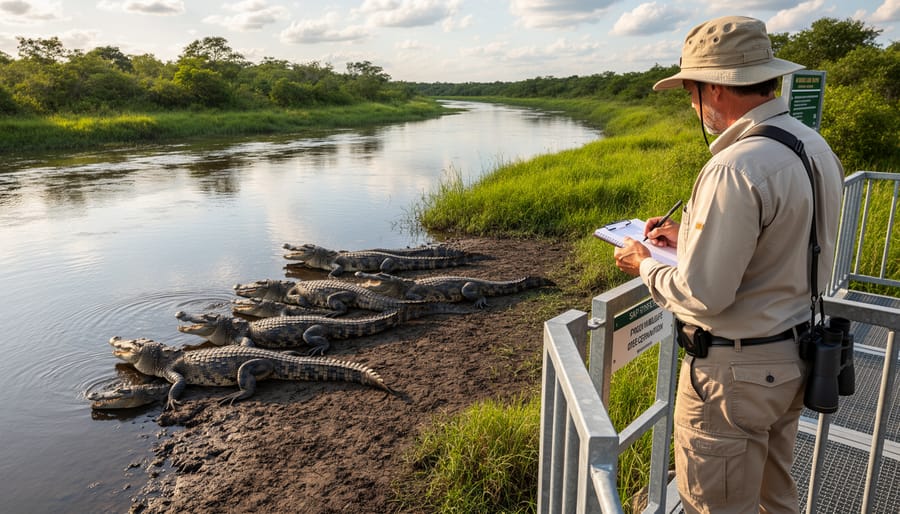 Wildlife biologist on a boat observing a crocodile in an estuary during golden hour