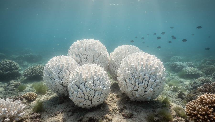 Underwater view of pale bleached coral heads on a darker reef background.