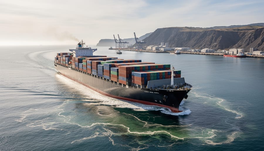 Cargo ship traveling through coastal waters with visible wake under an overcast sky.