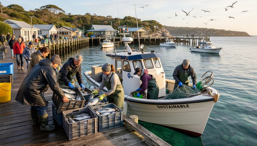 A small fishing boat returns to shore as crew members haul nets in a calm coastal harbor setting.