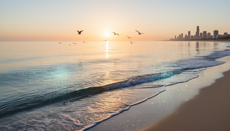 Waves rolling on a coastline at dusk with faint distant coastal lights in the background.