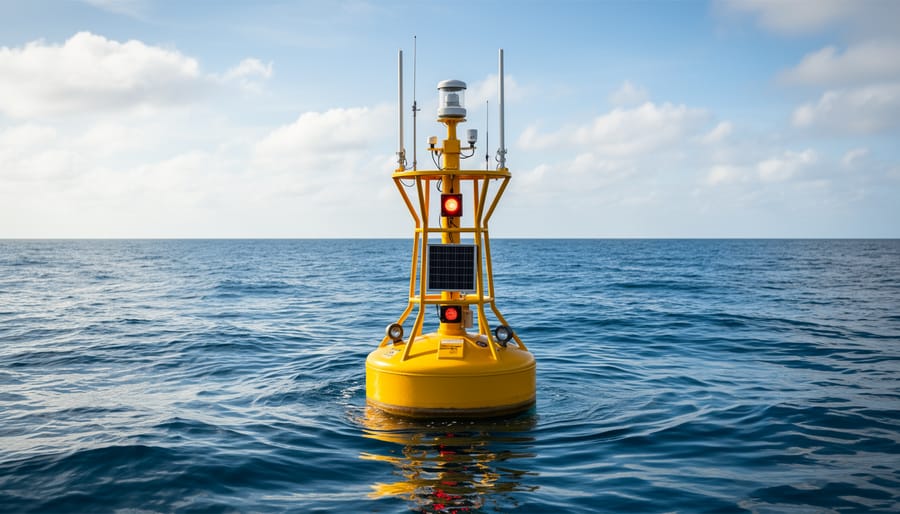 A remote ocean monitoring buoy floating near the shoreline with hardware visible above and cables extending below the surface.