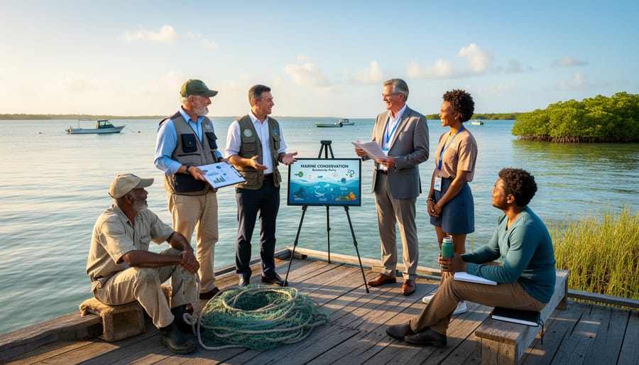 People gathered on a dock near the ocean while a marine biologist speaks to the group.