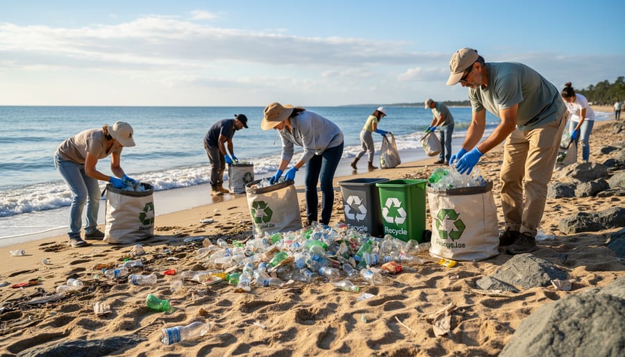 Volunteers in waders collecting plastic debris from a wet sandy beach.