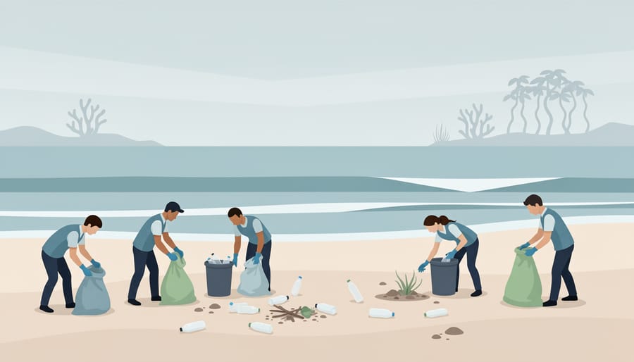 Volunteers doing a beach cleanup at sunrise, collecting plastic waste into reusable bags and bins