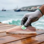 A gloved hand placing seafood on a wooden dock with a blurred ocean harbor and distant fishing boats in the background.