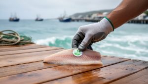 A gloved hand placing seafood on a wooden dock with a blurred ocean harbor and distant fishing boats in the background.