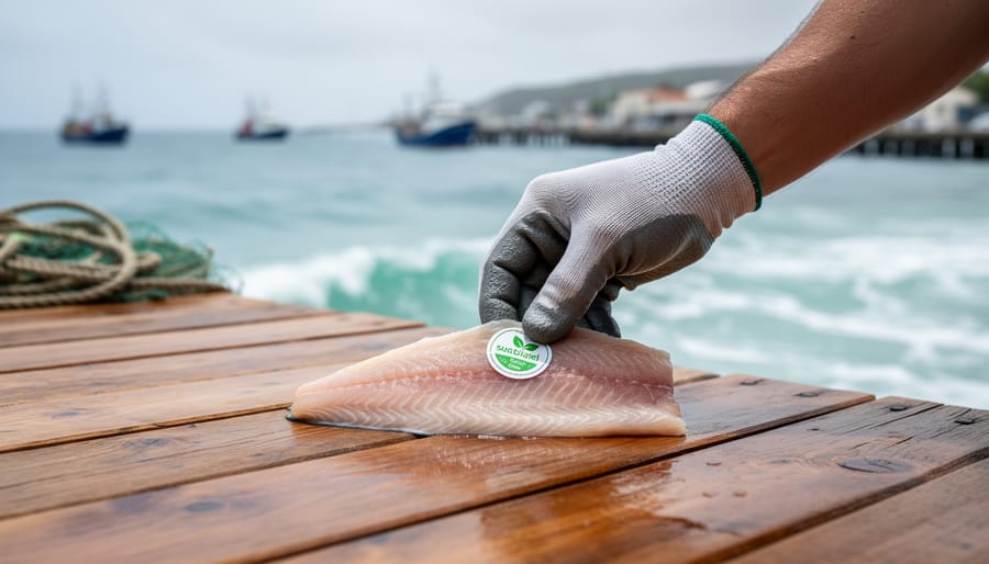 A gloved hand placing seafood on a wooden dock with a blurred ocean harbor and distant fishing boats in the background.