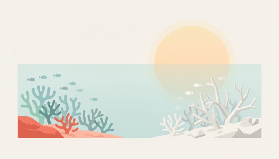 Underwater view of a bleached coral area next to a small healthier coral patch