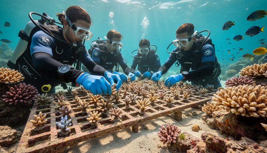 A diver’s gloved hands placing small coral fragments into a reef nursery underwater.