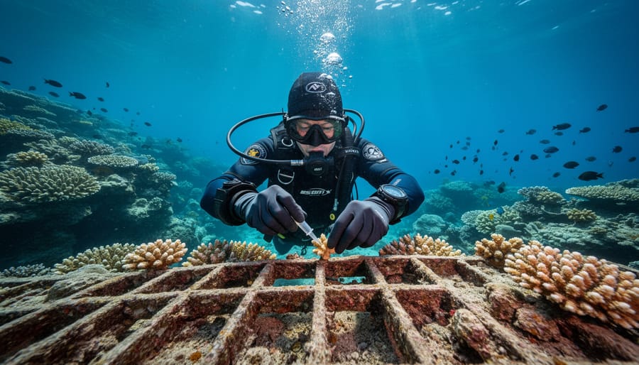 Underwater photo of a marine restoration diver placing a coral fragment onto an anchored reef substrate.