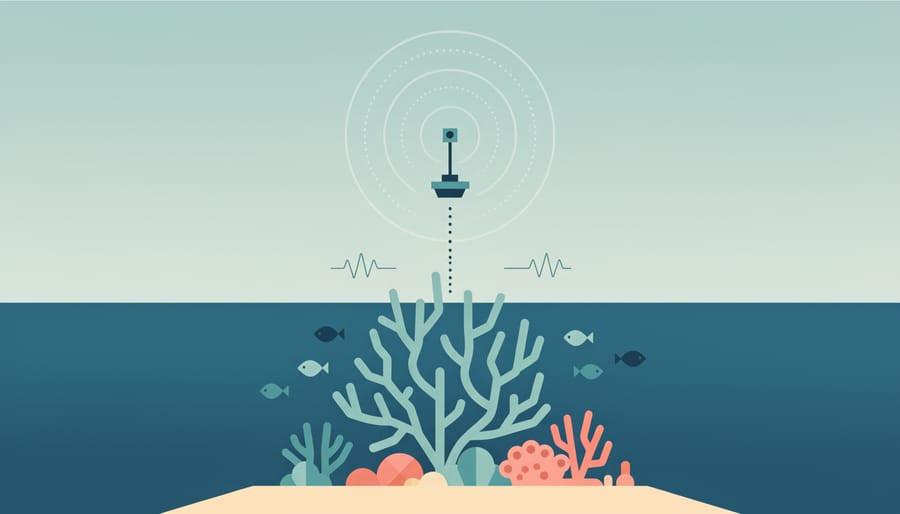 Vibrant coral reef with sunlight reflections and a faint unmanned vehicle silhouette in the distance