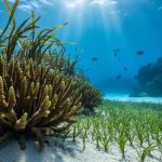 “Sunlit coral reef with macroalgae, seagrass, and algae growing on coral in clear blue underwater water.”