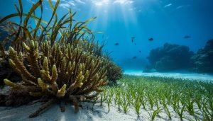 “Sunlit coral reef with macroalgae, seagrass, and algae growing on coral in clear blue underwater water.”