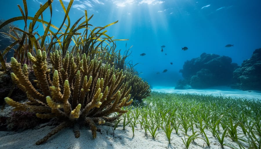 “Sunlit coral reef with macroalgae, seagrass, and algae growing on coral in clear blue underwater water.”