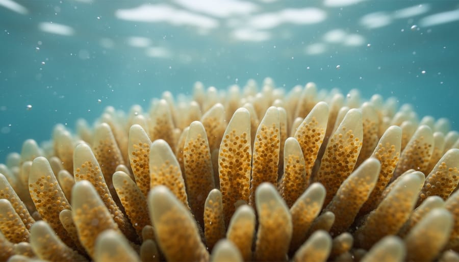 Macro close-up of coral tissue showing small golden-brown symbiotic algae specks on the coral surface.