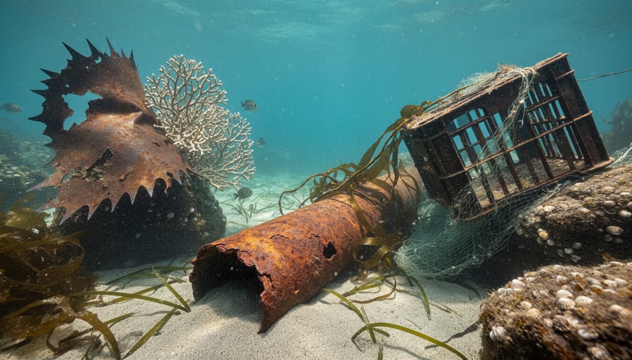 Corroded metal marine debris, including a rusted wire coil and fishing weight, among seaweed in shallow water