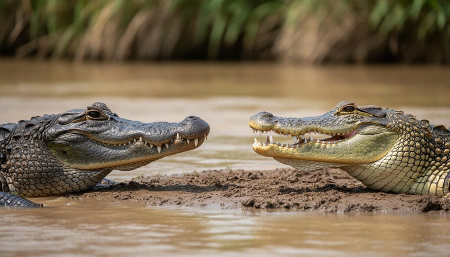 Close view of crocodile and alligator head features showing differing snout shapes and jaw appearance