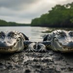 Crocodile and alligator resting on a muddy riverbank near rippling water, with their closed mouths and snout shapes clearly visible.