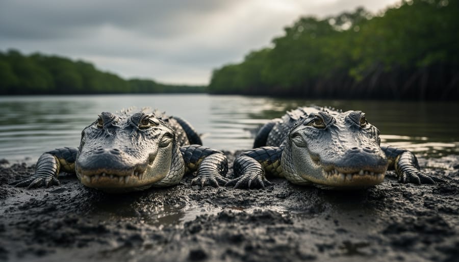 Crocodile and alligator resting on a muddy riverbank near rippling water, with their closed mouths and snout shapes clearly visible.