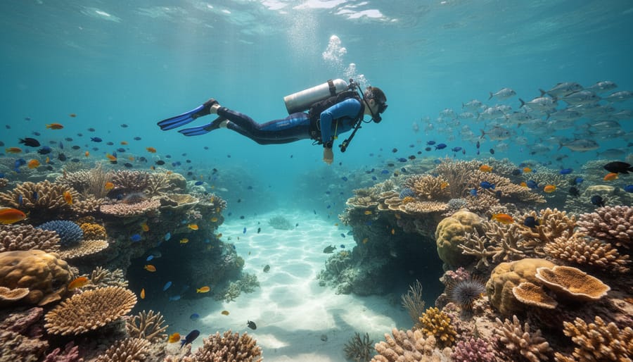 Diver swimming above vibrant branching coral on a shallow reef with fish silhouettes in the water.