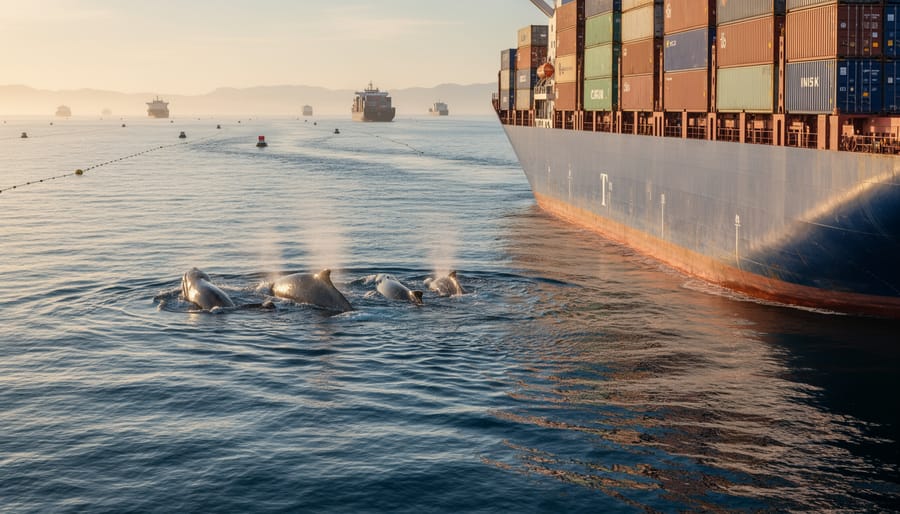 Bottlenose dolphin swimming near the bow wake of a ship.