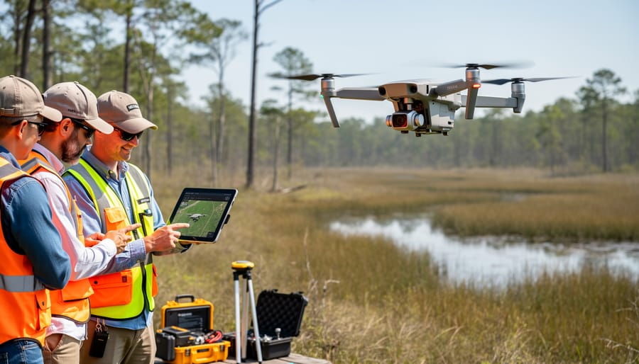 Technician holding a waterproof drone controller on a boat deck near the coast.