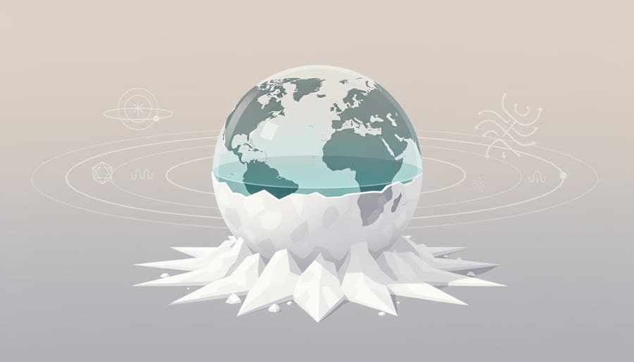 A conceptual glass sphere of ocean-like blue water drying on dark stone into a thin salt crust.
