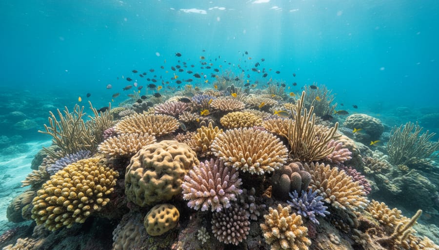 Underwater view of healthy coral reef with visible coral surfaces and algae growth in bright blue water.