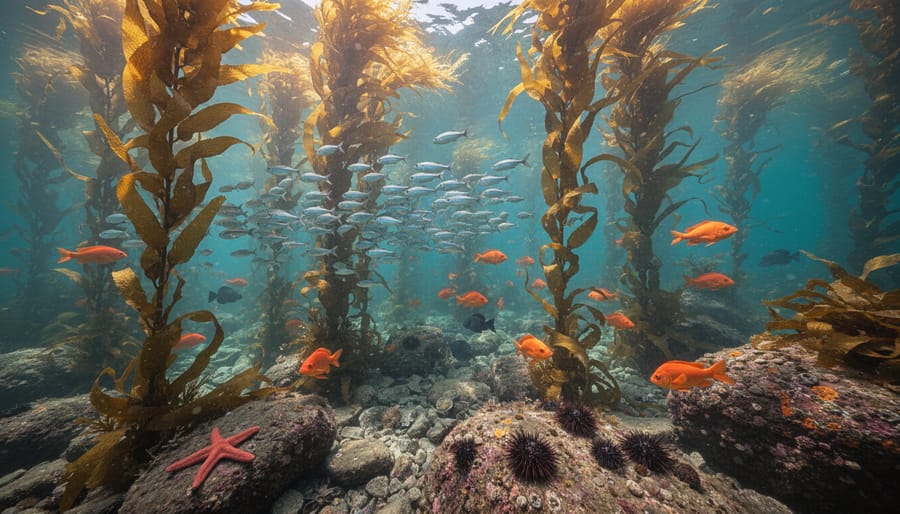 Low-angle view of a healthy kelp forest with sunlight shining through the water.