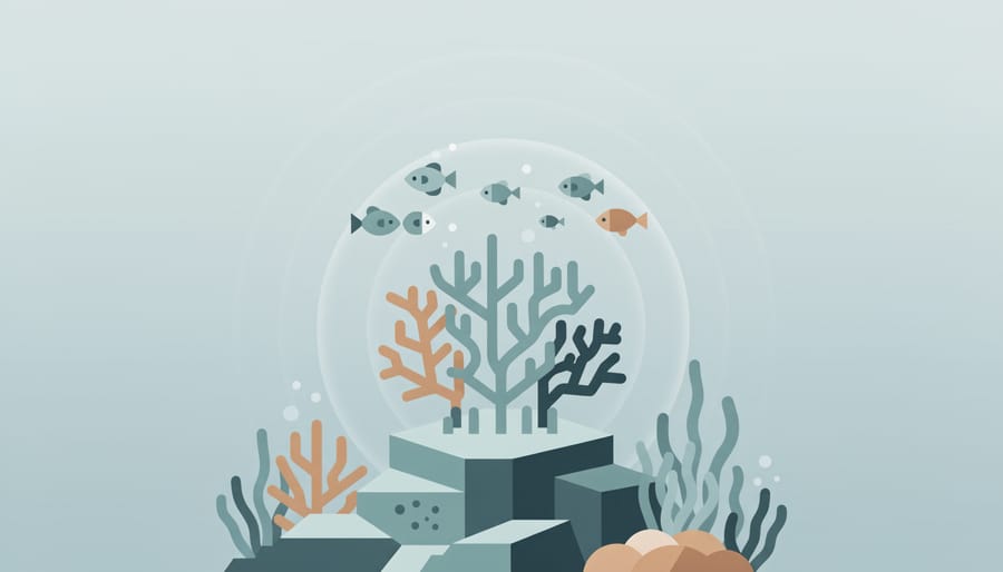Sunlit coral reef with sea turtles swimming in clear water, with a distant research vessel blurred offshore.