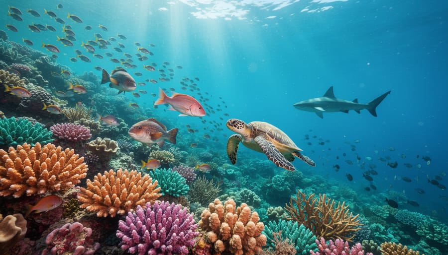 Scuba diver underwater observing a thriving coral reef with fish schools