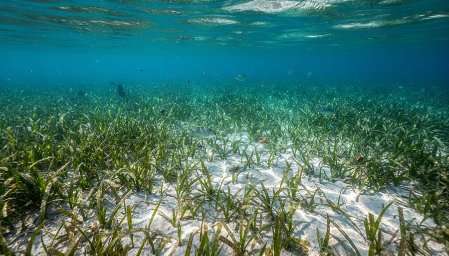 Healthy seagrass meadow in shallow coastal water with fish swimming near the seagrass at sunrise
