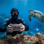 Marine biologist holding a waterproof sensor device over a reef as a sea turtle swims through cool blue underwater light.