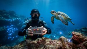 Marine biologist holding a waterproof sensor device over a reef as a sea turtle swims through cool blue underwater light.