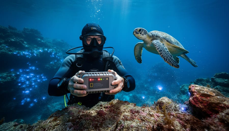 Marine biologist holding a waterproof sensor device over a reef as a sea turtle swims through cool blue underwater light.